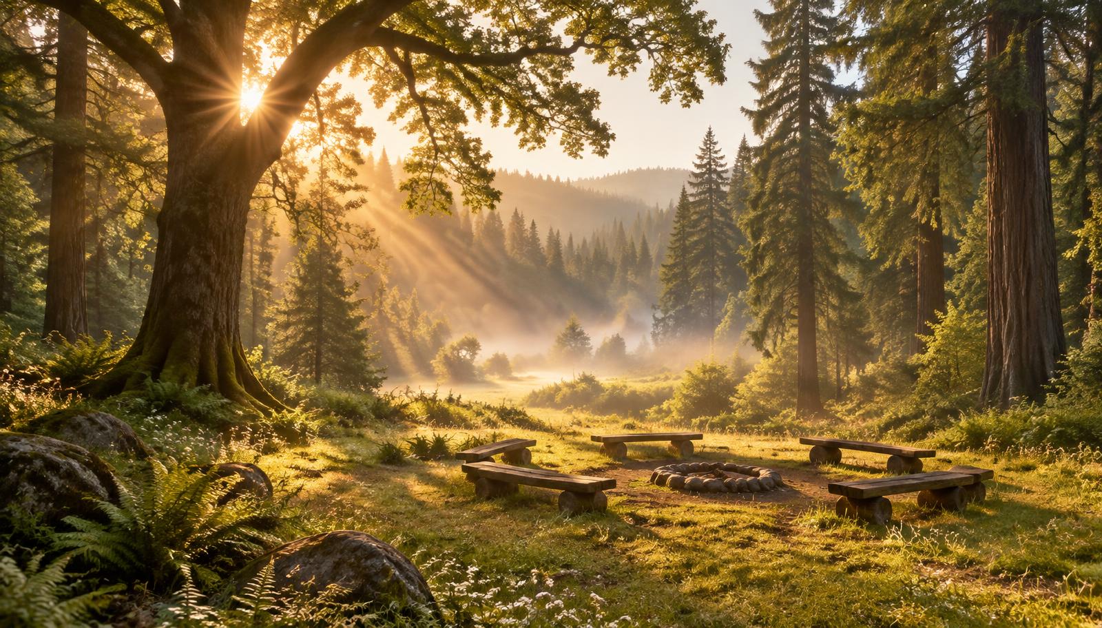 Morning light through an oak and cedar grove onto a circle of benches